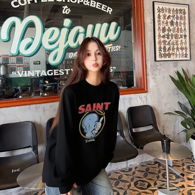 الأزرق الكرتون الملاك طباعة سانت طويلة الأكمام تي شيرت الرجال النساء للجنسين القطن المتضخم المحملة القمم قاعدة سوداء تي شيرت مع العلامات