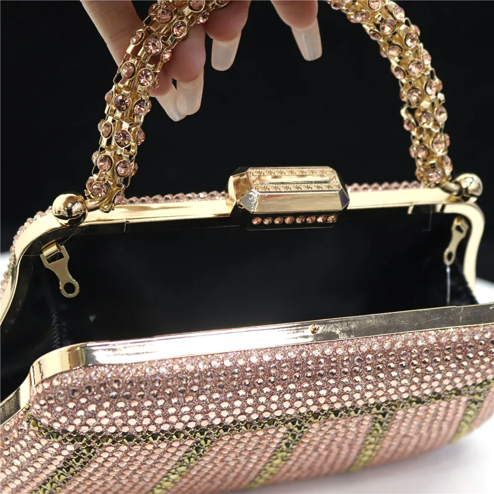 Newest Design Champagne Popular Party Bag Fashion Ladies Bag Rhinestone Handle Tote Stereo Evening Elegant Purse