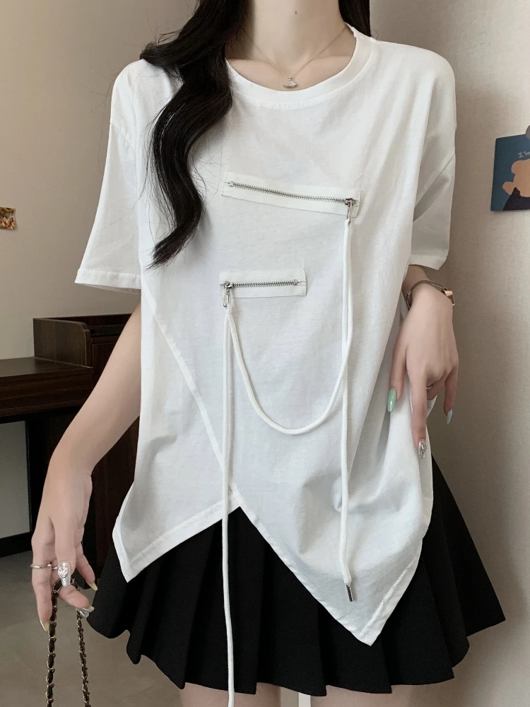 Irregular Zipper Short Sleeve T-Shirt Women's Summer plus Size Base Shirt Slimming Design Korean Style Commute Fashion