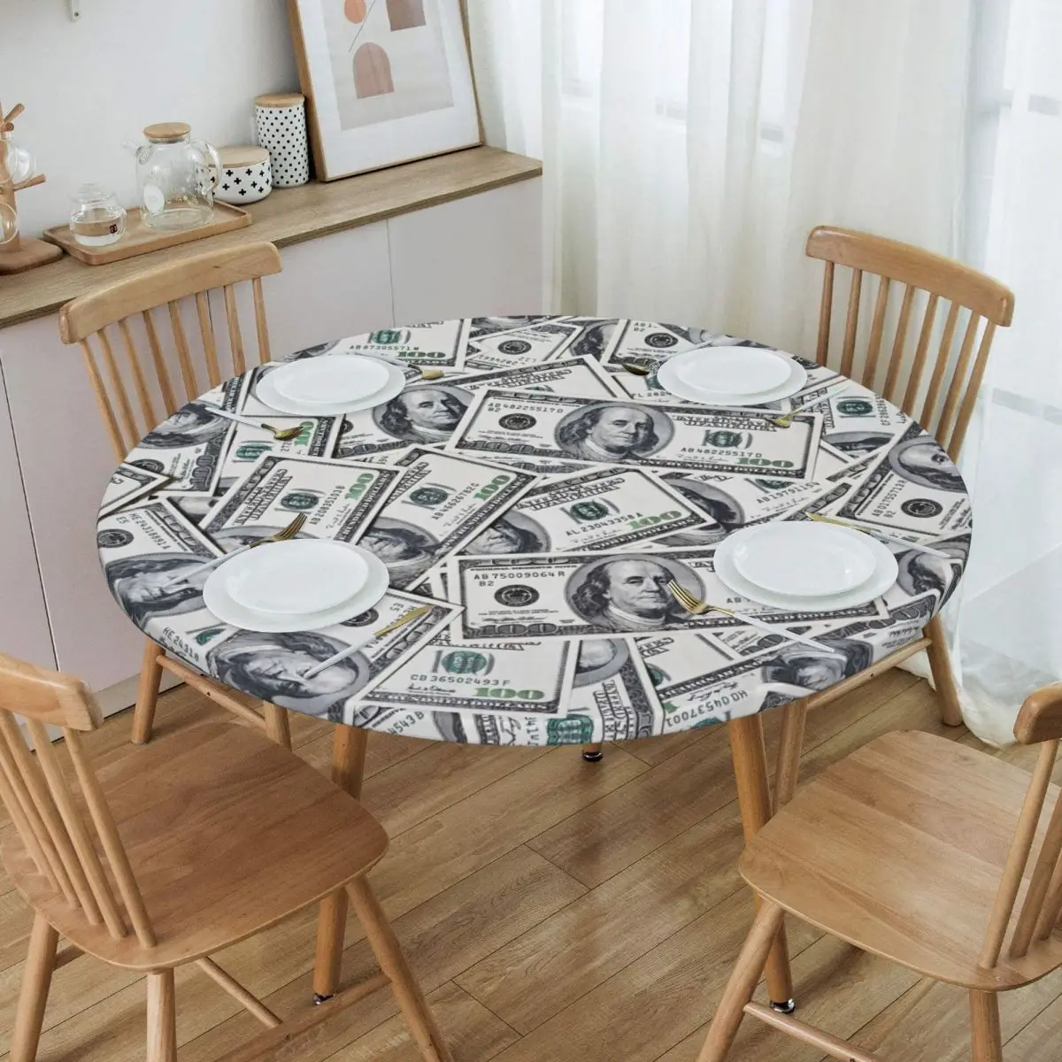 Round Waterproof Oil-Proof Hundred Dollars Bills Tablecloth Backed Elastic Edge Table Covers 45