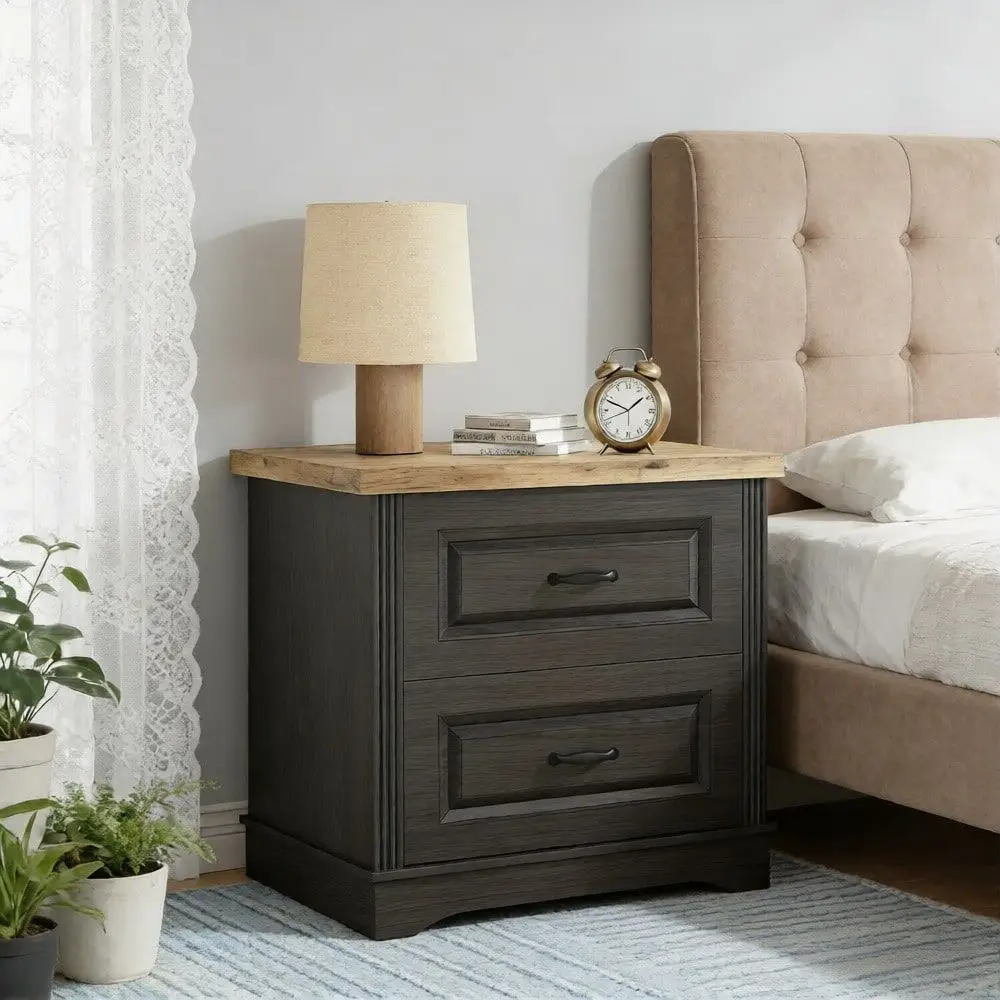 Wide Farmhouse Nightstand, Night Stand With 2 Drawers, Large End Table, Side Table Chest Of Drawers Cabinet, Room Deocr, Night