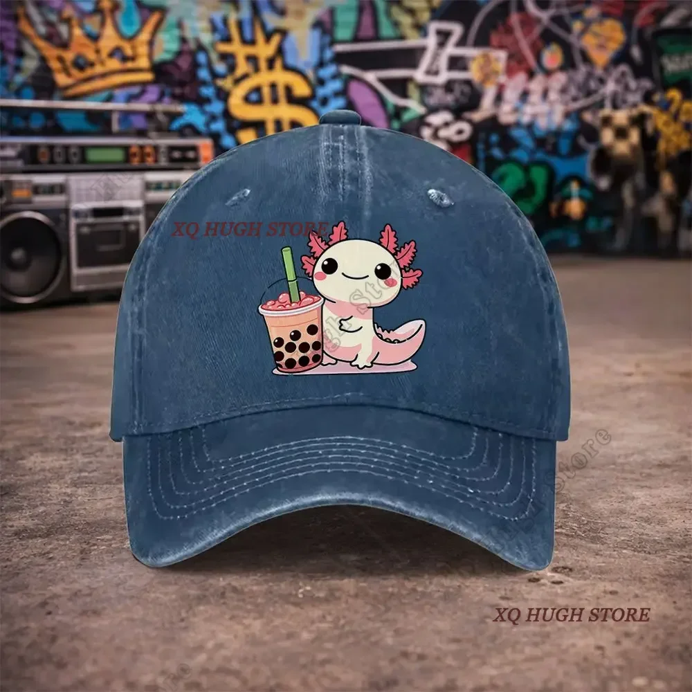 Cute Axolotl Bubble Tea Vintage Washed Baseball Cap Female Cowboy Sun Hats Hip Hop Mens Snapback Cap