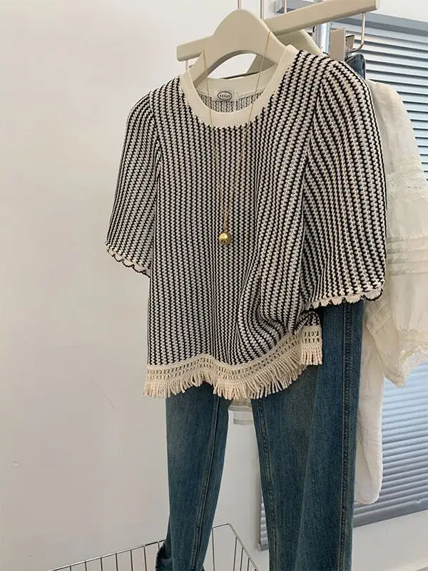 

plus Size Women's Short Sleeve Striped T-Shirt Summer Loose Youthful Fringed Top High Waist And Pear Shaped Body Fit