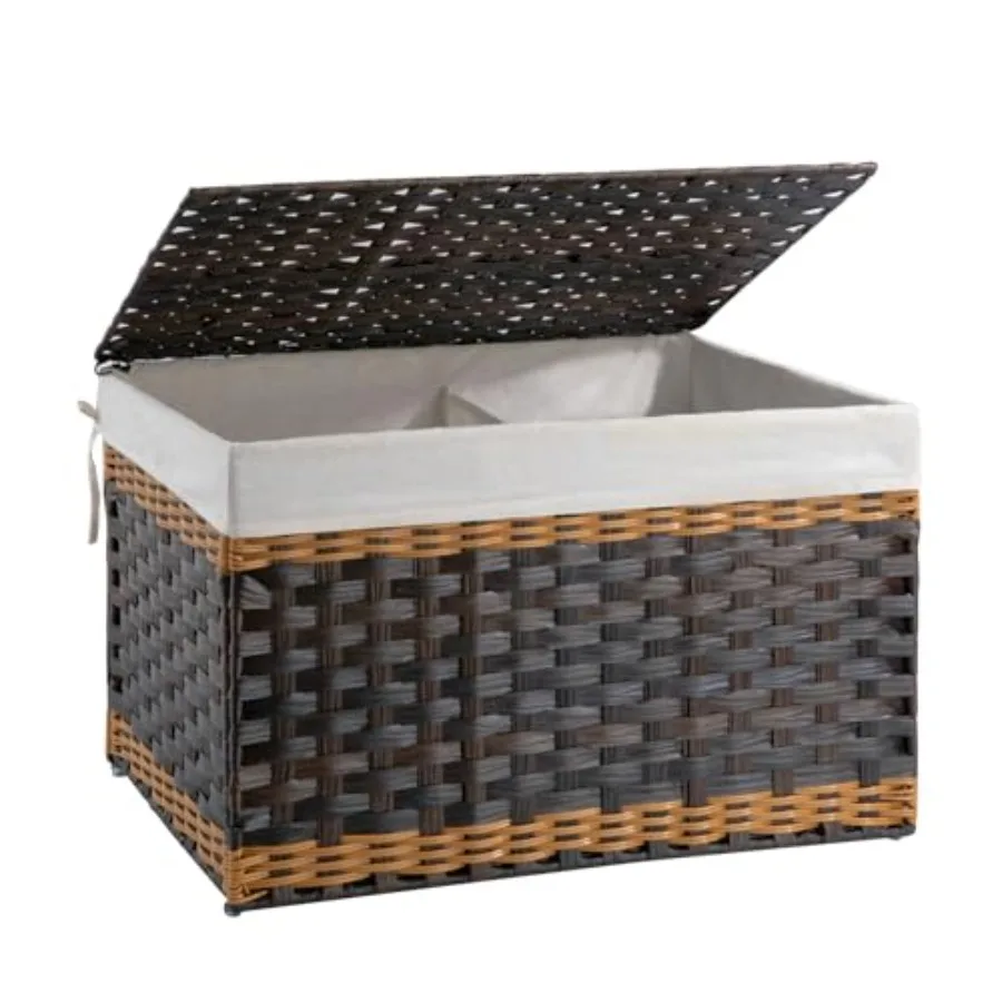 

Storage Basket with Lid, 27.7 Gallon Blanket Basket with Removable Liner Bag, Synthetic Wicker Hamper with Handle, Foldable, Ha