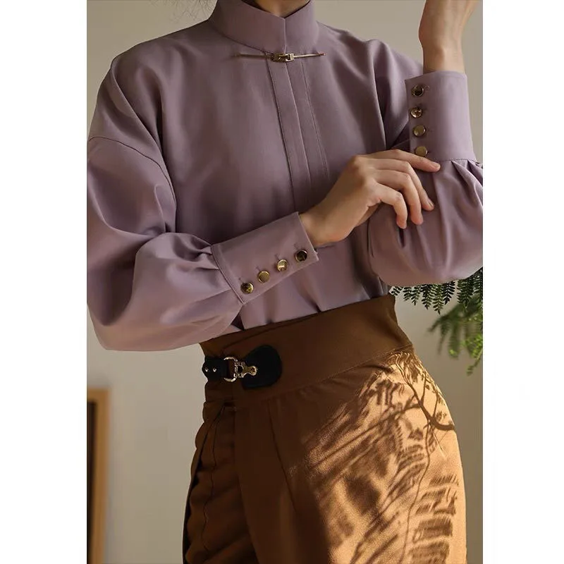 Autumn Winter Elegant Fashion Solid Color Long Sleeve Shirt Women\'s Clothing All-match Office Lady Stand Collar Chiffon Blouse