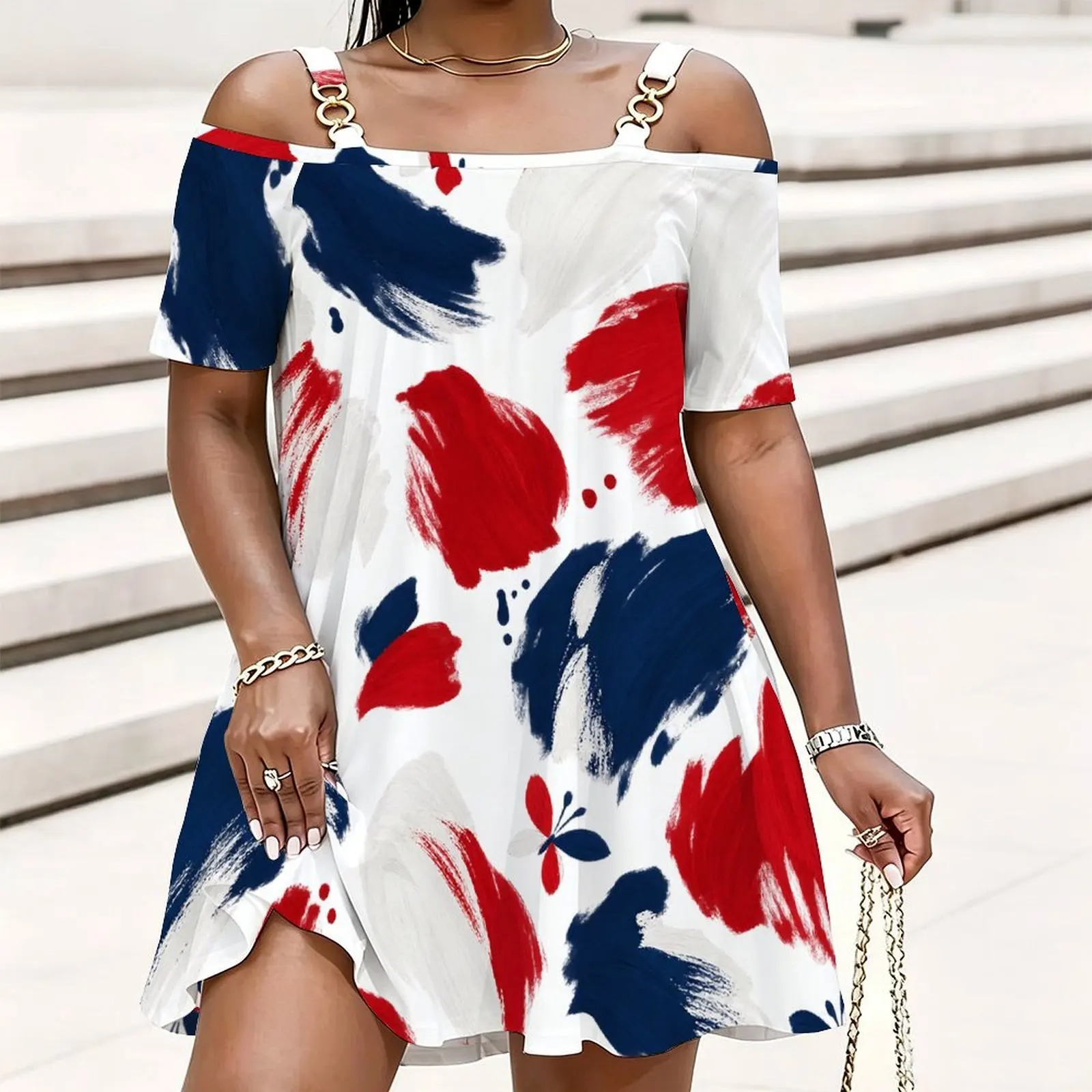 Women Pastel Watercolor Brush Stroke Printed Cold Shoulder Chain Strap Short Sleeve Loose Top