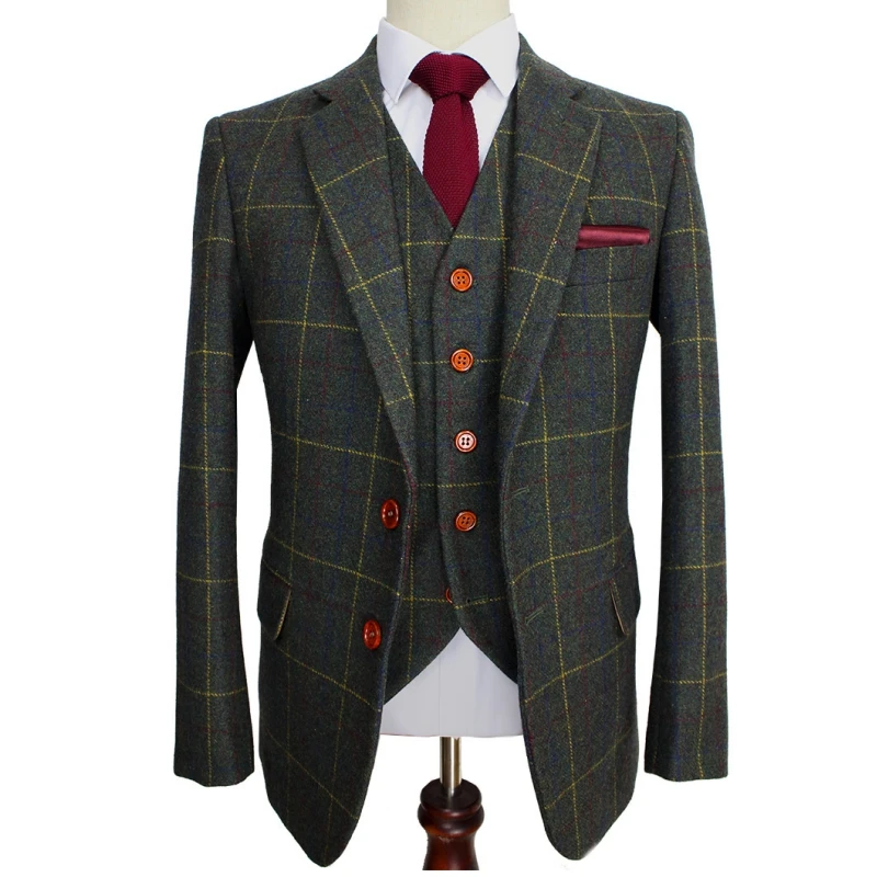 

Men Suit Dark Green Ckeck Tweed Custom Made Blazers Retro Tailor Slim Fit Wedding Suits For Men 3 Piece Jacket Pants Vest