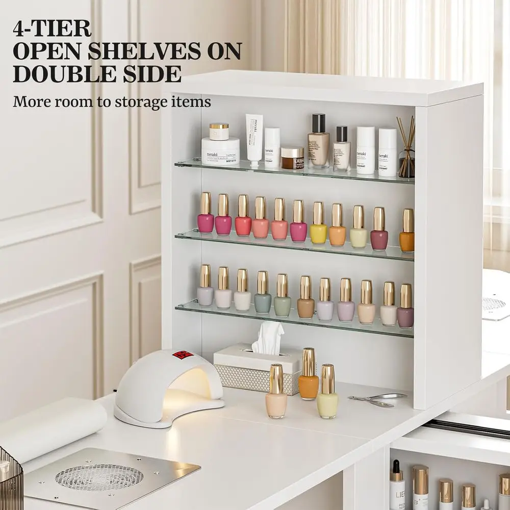 Tavolo manicure pieghevole bifacciale con raccoglitori di polveri, ripiani, cassetti e cuscino da polso (bianco)