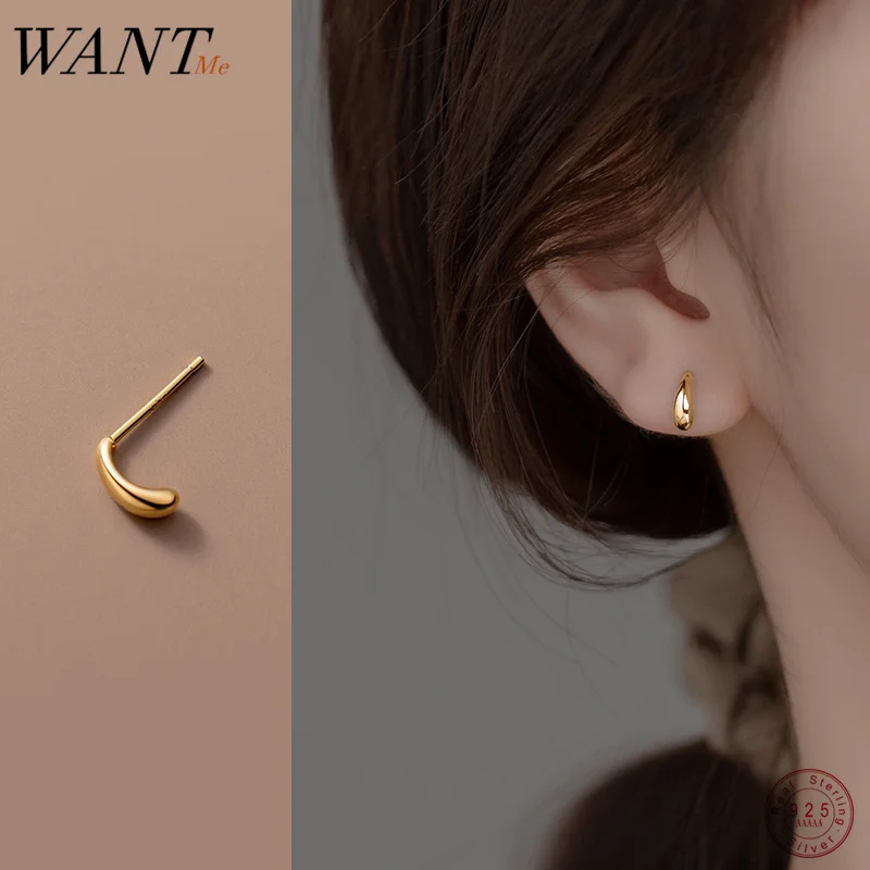 WANTME 925 Sterling Silver Minimalist Glossy Water Drop Geometric Small Stud Earrings for Women Fashion Teen Piercing Jewelry