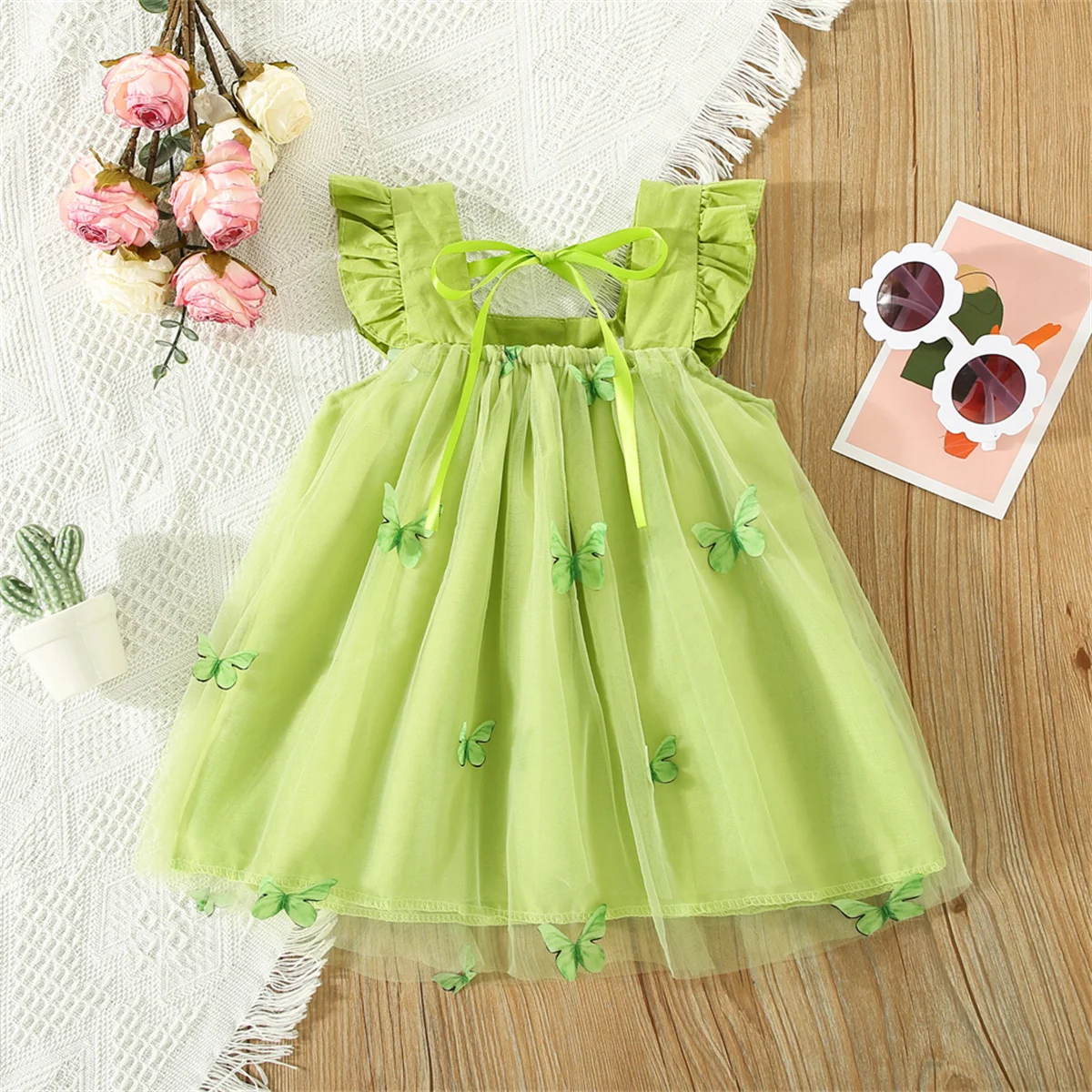 New Girl Baby Mesh Princess Dress Summer Children\'s Wear 3D Bow Embroidered Solid Color Korean Edition Dress