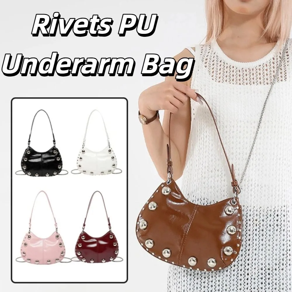 

Sweet Crossbody Bag Rivets PU Underarm Bag Brown Solid Color Punk Style Handbags Small Pack Korean Style Shoulder Bag Children