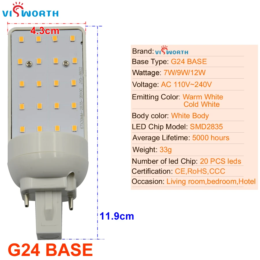 Bombillas LED G24, 5W, 7W, 9W, 12W, E27, luz de maíz, SMD5050, 180 grados, CA 110V, 220V, 240V, enchufe Horizontal