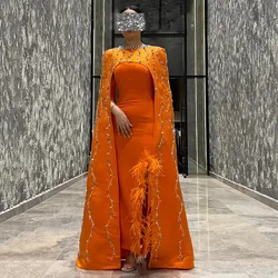 Dark Orange Prom Dress Special Occasion Gown Jewel Ankle Length Feathers Stones Party Dresses with Cape Saudi Evening Dresses