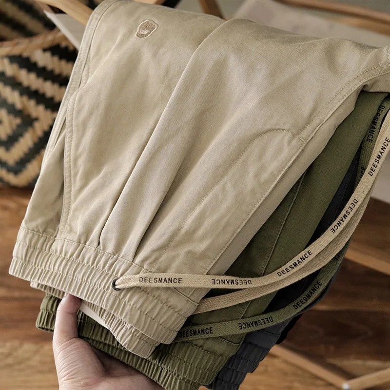 

Summer Japanese Retro Embroidered Casual Cargo Shorts Men's Fashon Pure Cotton Loose Elastic Waist Drawstring Five-point Pants