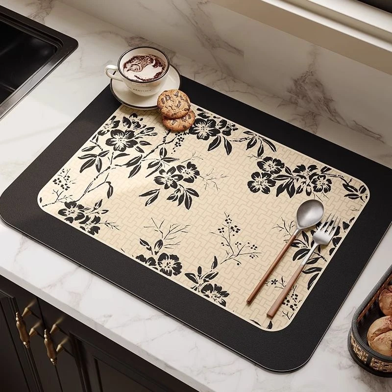 VIKAMA Kitchen Drain Mat Cream Black Floral Leaf Print Dish Drying Mat Water Absorbent Quick Dry Anti Slip Soft