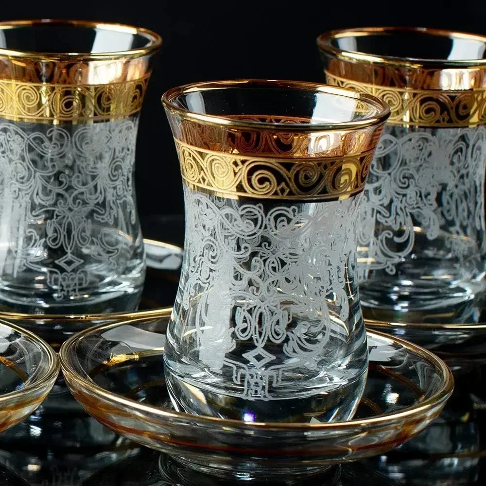 

Turkish Tea Glasses Cups Saucers Set of 6 for Women Glassware Drinking Party Arabic Style Teacups Moroccan Persian Coffee Adults