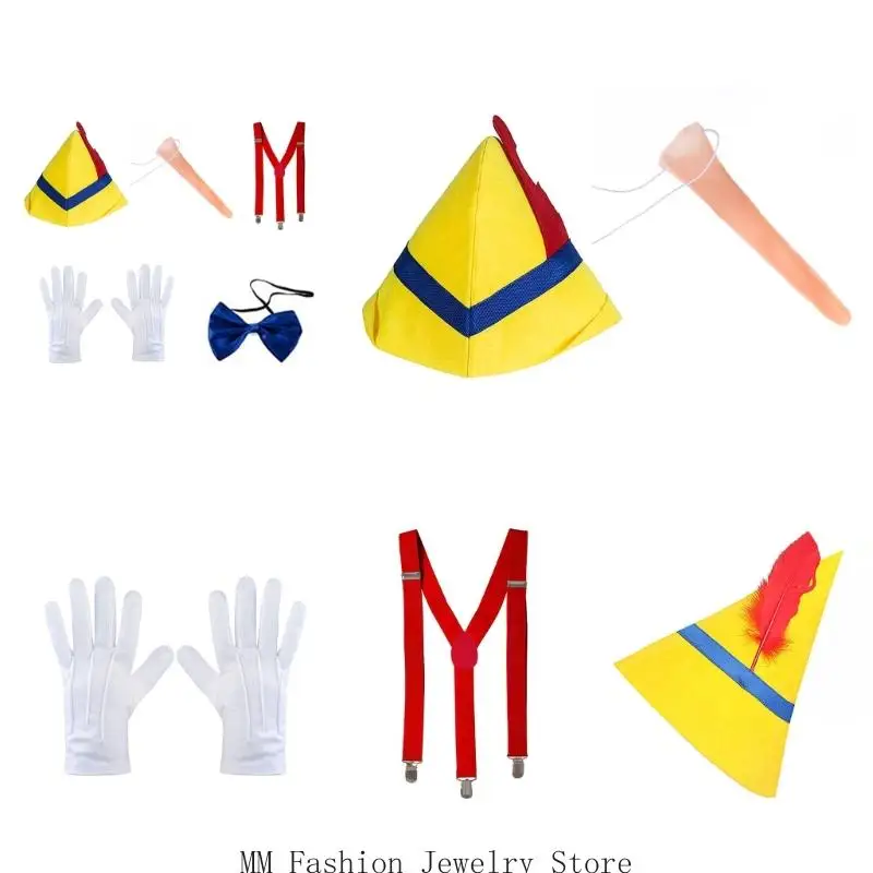 1/5Pcs Puppet Costume,Long Nose Caps Suspender Necktie Gloves Storybook Fairytale Costumes Halloween Dress Up Set Gifts