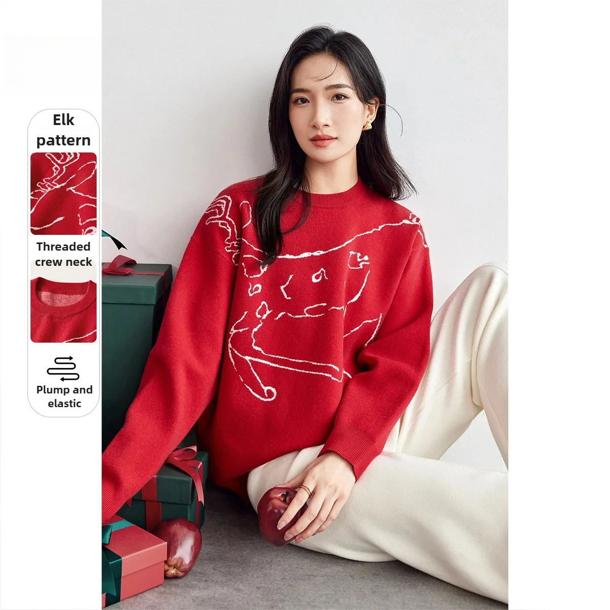 

SENTUBILA пуловер с круглым вырезом, женские свитера, осень 2021, зима, свободный крой, теплые топы с узором лося, женская одежда W51E58099