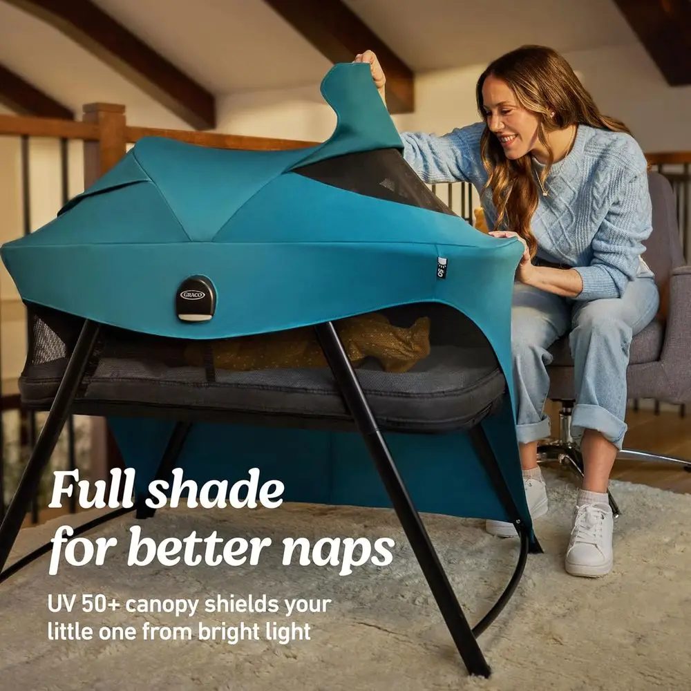 Tragbarer 4-in-1-Spielplatz: Wiege am Bett, Laufstall für Kleinkinder, freies Spielen, Schlaumenzelt – leicht mit Baldachin und Tragetasche