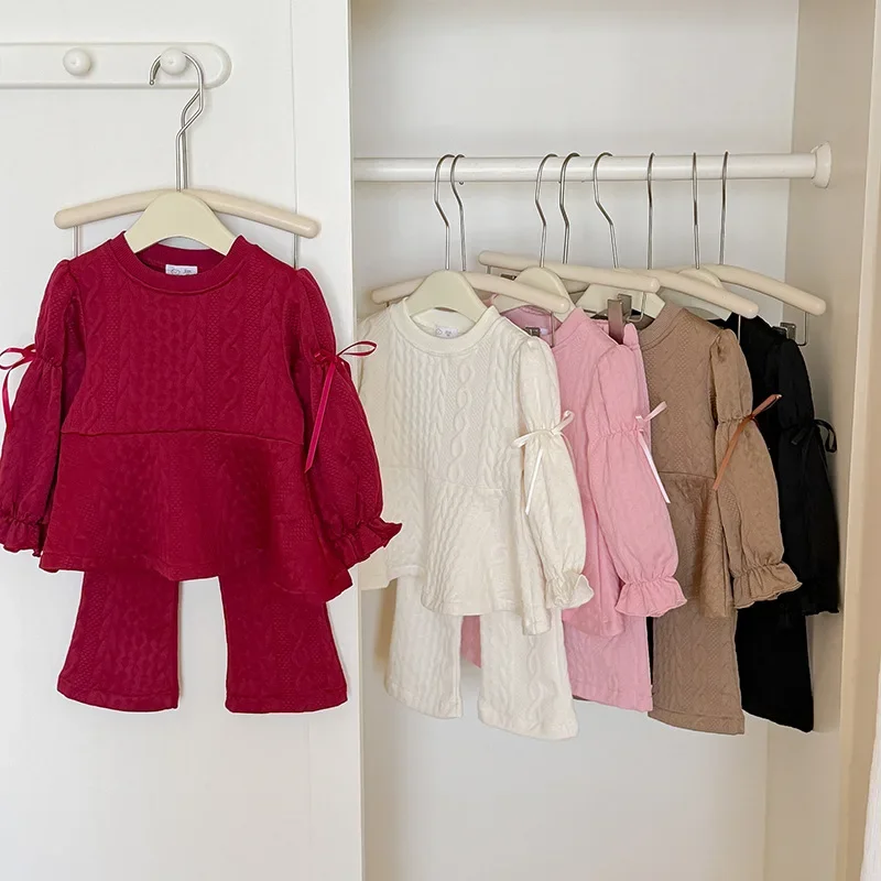 Girls Jacquard 2-Piece Outfit Set Long Sleeve Top Flare Pants with Bow Detail School Kids Cute Autumn Casual Daily Clothes 2-10Y