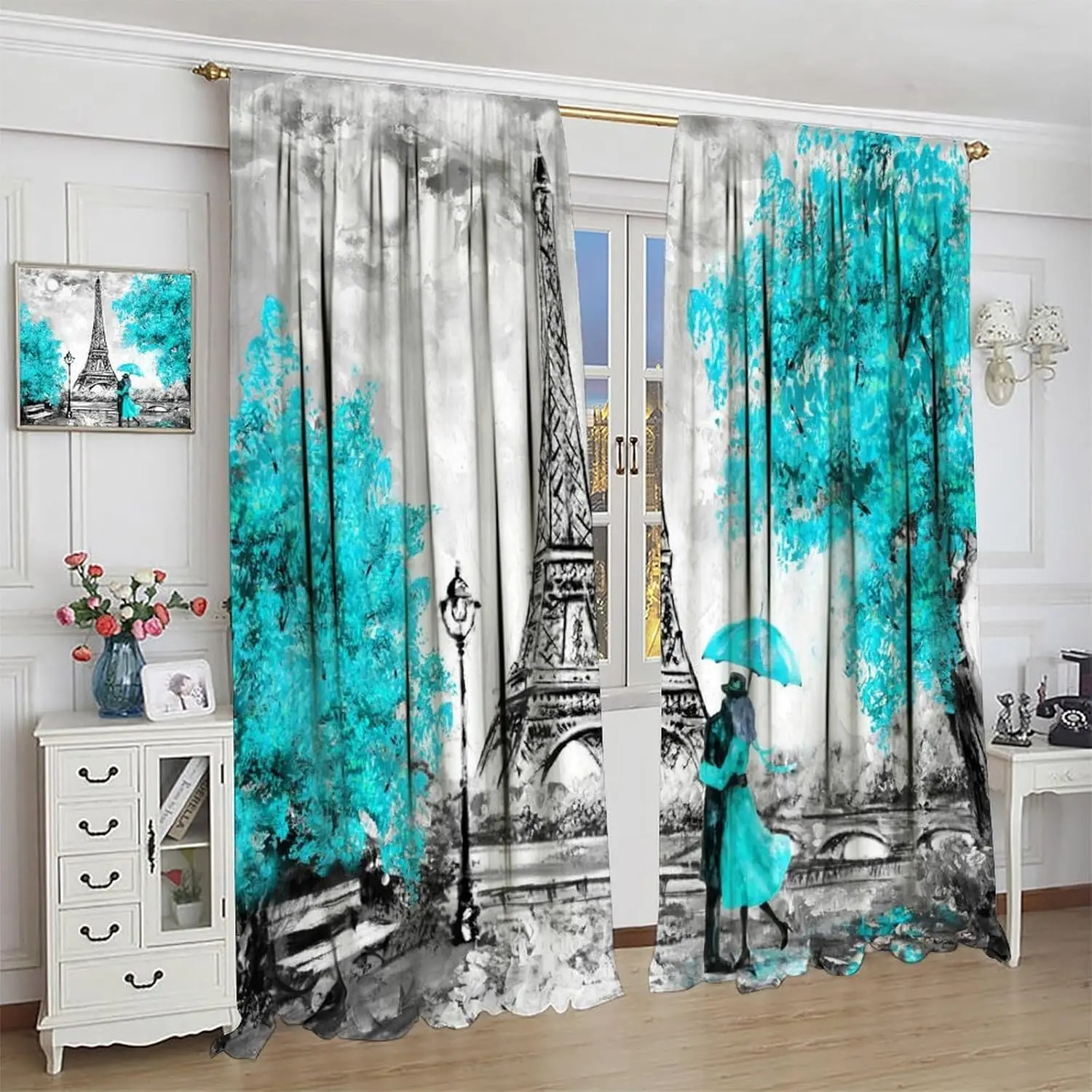 Eiffel Tower Curtains,Blue Oil Painting Style Valentine's Day Paris Tower Pattern Decor Window Rod Pocket Drapes Bedroom Living
