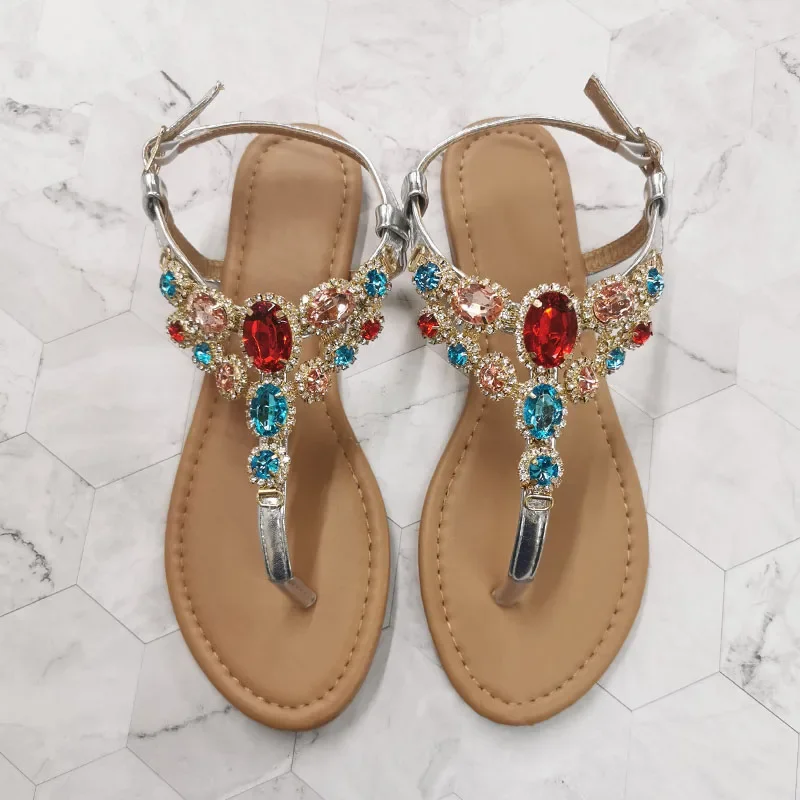 2024 Summer Glodiator Women Sandals Colored Big Diamond Party Shoes Rhinestone Decoration Simple Comfort Casual Woman Sandalias