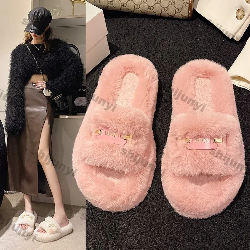 

Women Fashion Fluffy Furry Slippers Autumn Winter Cozy Open Toe Trend Plush Home Shoes Woman Outdoor Flat Heel Warm Fur Slides