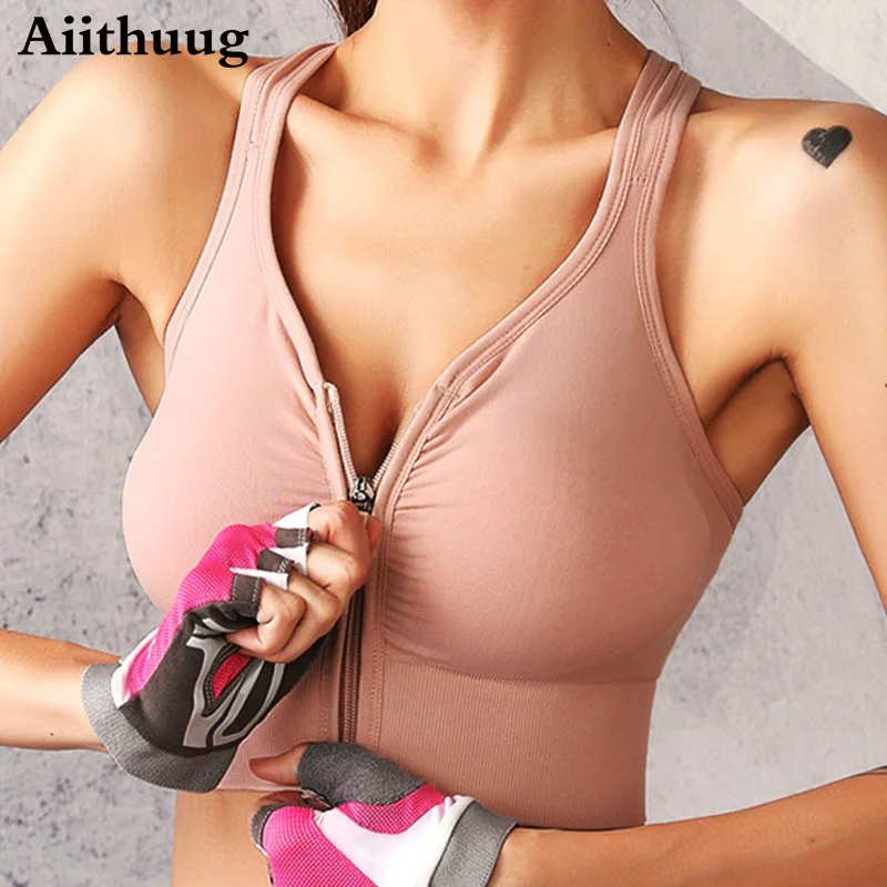 Aiithuug Zip Front Sports Bra Wireless Bounce Contro Running Bras Active Yoga Sports Bras Zipper Front Closure High Impact Bras