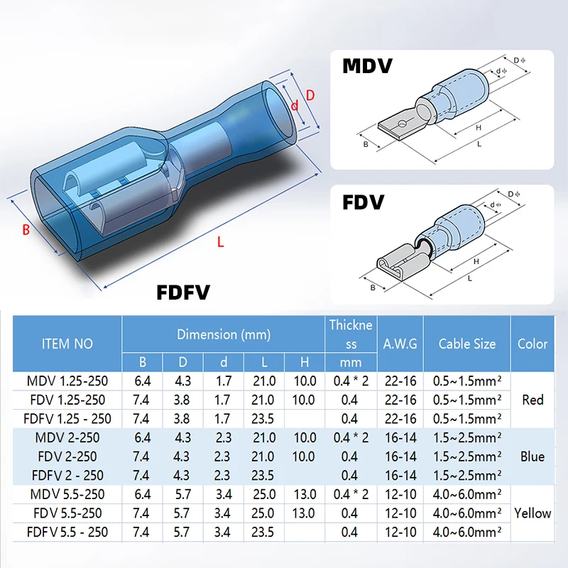 Insulated Male And Female Disconnector Electrical Crimp Spade Terminal Connectors Wiring Cable Plug MDD FDD FDFD A.W.G.22-10