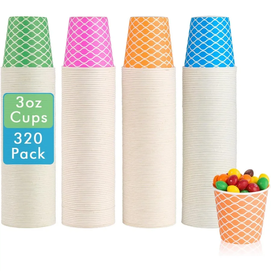 

320 упаковок, 3 унции, красочные одноразовые бумажные стаканчики для домашнего использования, ванной комнаты, хранения, пикника, вечеринок, вечеринок и мероприятий на открытом воздухе E