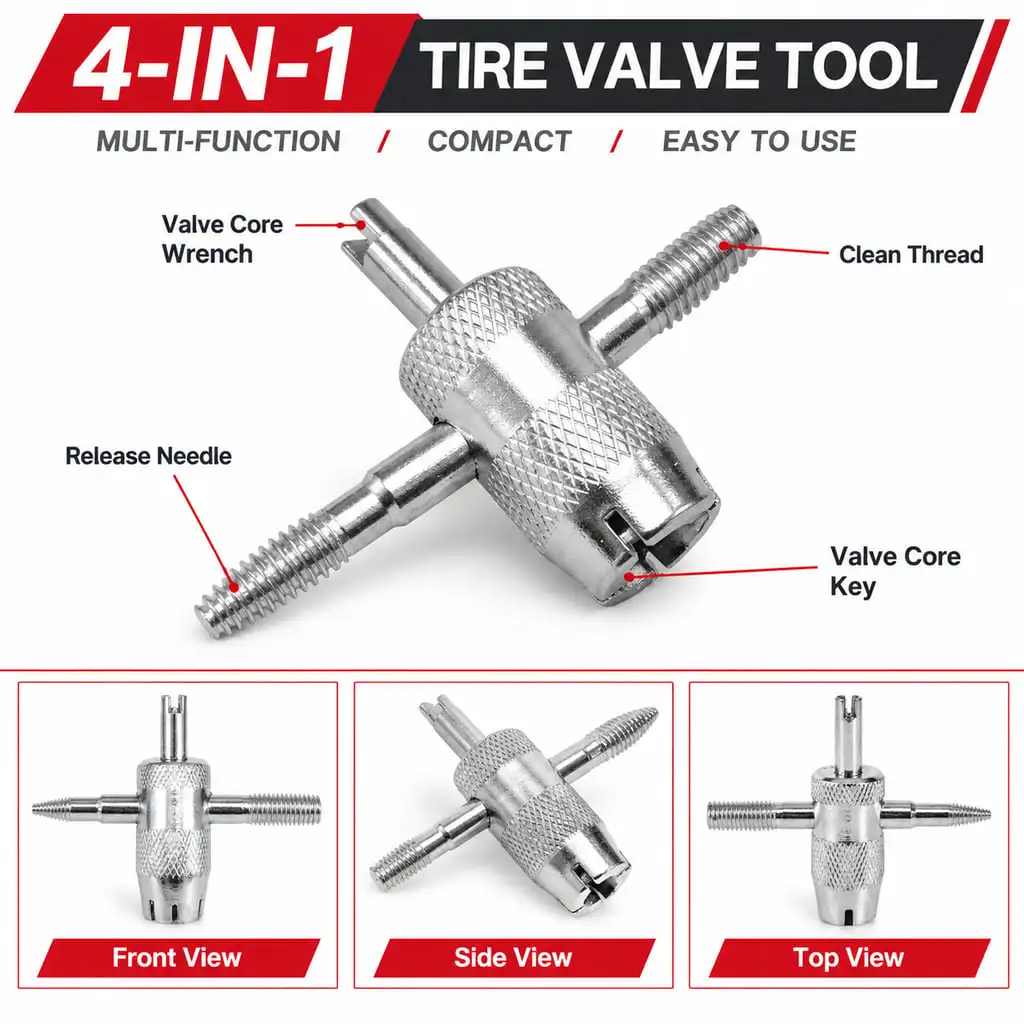 PINMOAP 4-in-1 Tire Valve Core Tool Valve Stem Repair Wrench for Car Electric Vehicle And Bicycle Tire Deflation Installation