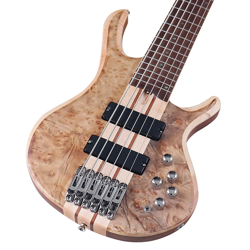 One Piece Tree Burl Top 6 String Electric Bass Guitar Active Guitarra Solid Okoume Wood Body  43 Inch Bass Guitar High Grade