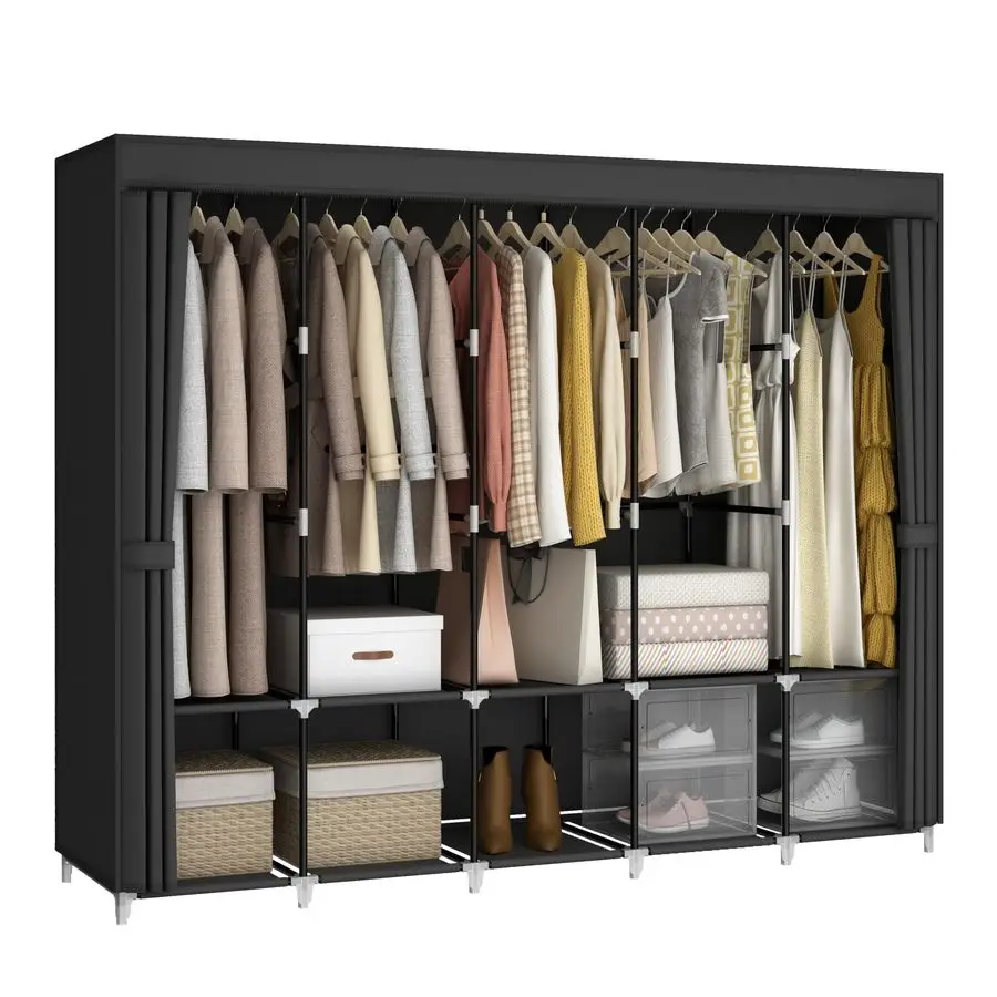 

Inch Wide Portable Closet Wardrobe, Clothes Storage Rack Organizer with Cover, 5 Clothes Hanging Rods and 10 Storage Shelves, B