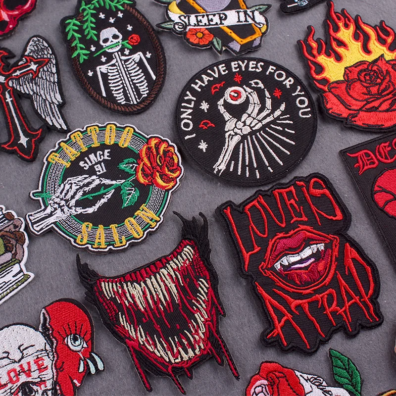 Gothic Patches On Clothes Iron On Patches For Clothing Stickers DIY Skull Patch Hook Lopp Embroidery Patch Stripes Accessory