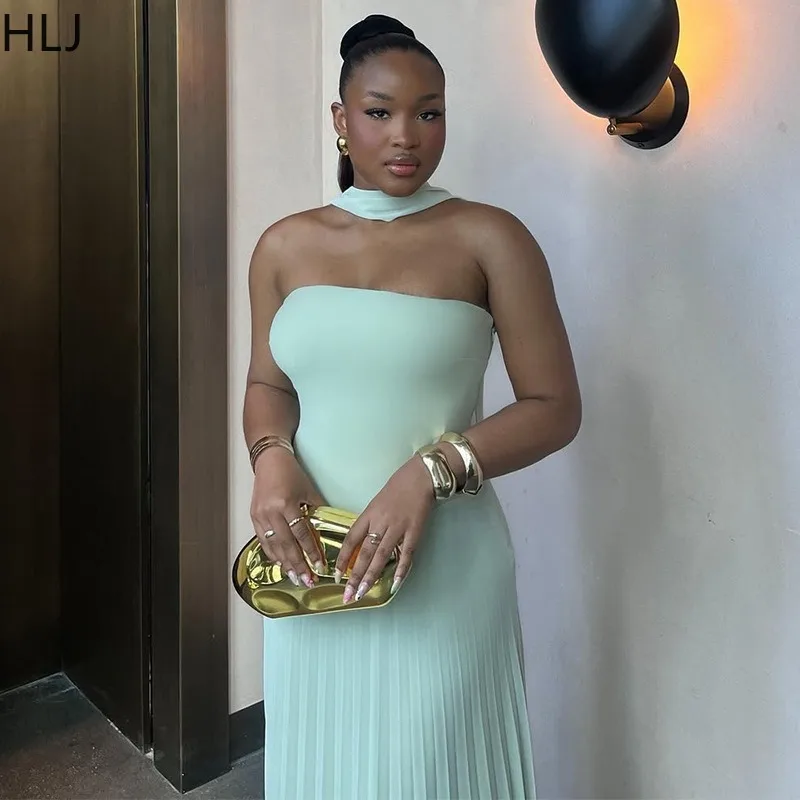 HLJ zomer elegante ruches patchwork lange jurk vrouwen strapless sjaal mouwloze geplooide maxi jurken vrouwelijke streetwear vestidos