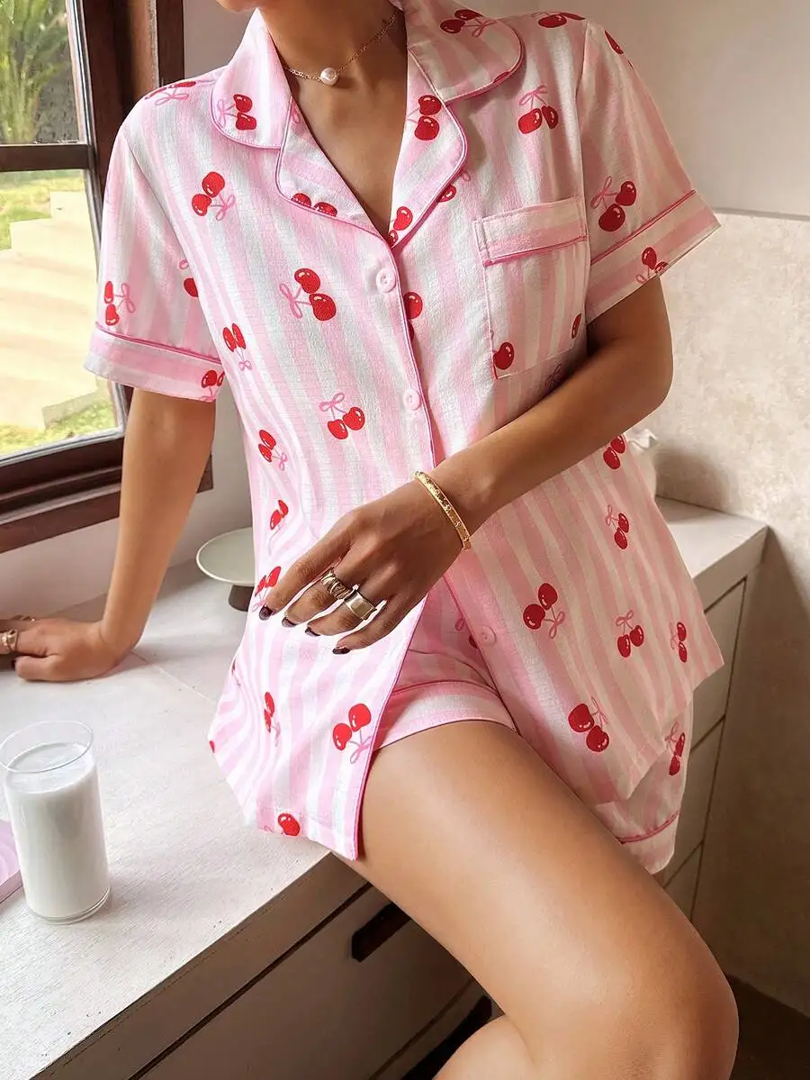 

Women Pink Striped Cherry Print Short Sleeve Pajama Set Casual Sleepwear