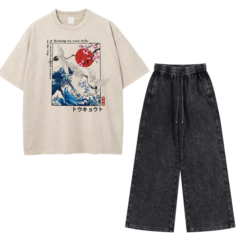 Unisex Vintage Washed Two Piece Set Japanese Crane Wave Print Oversized Short Sleeve T Shirt Wide Leg Denim Pants Streetwear Cas