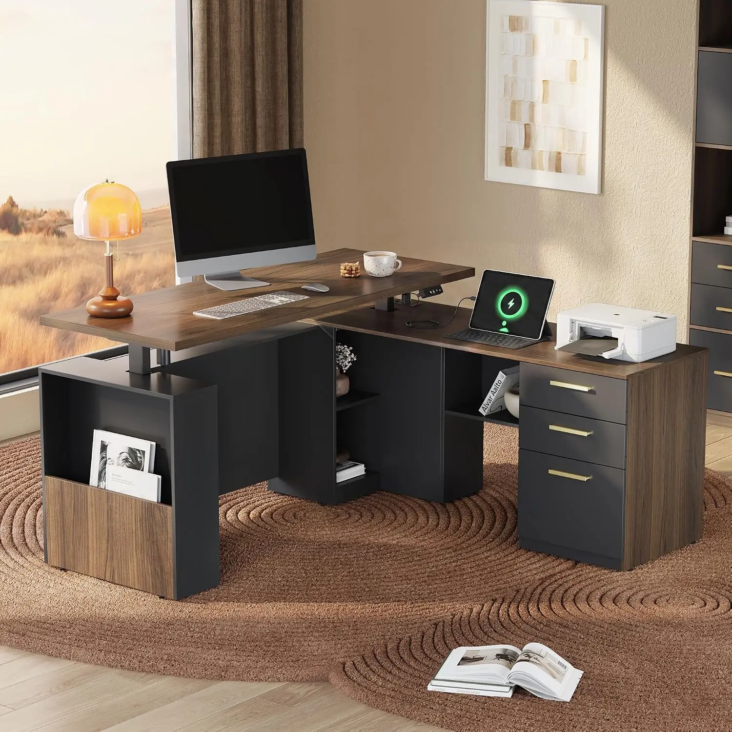 

63" Standing Desk with File Cabinet, Privacy Panel, AC/USB, 1.18" Desktop, Executive L Shaped Height Adjustable, Custom