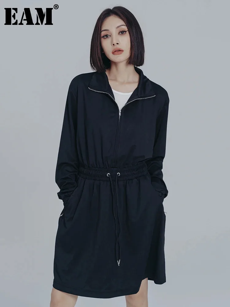 

[EAM] Women Black Brief Drawstring Casual Knee-Length Dress New Lapel Long Sleeve Loose Fit Fashion Spring Autumn 2024 1DF0706