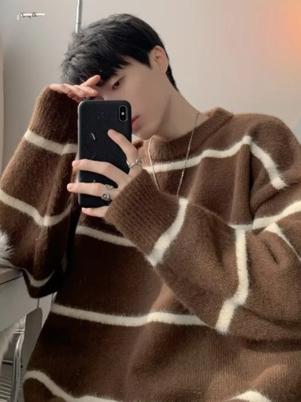 

Американский полосатый свитер в стиле ретро, мужской осенне-зимний свободный топ для ленивого сна, высококачественный вязаный топ CleanFit