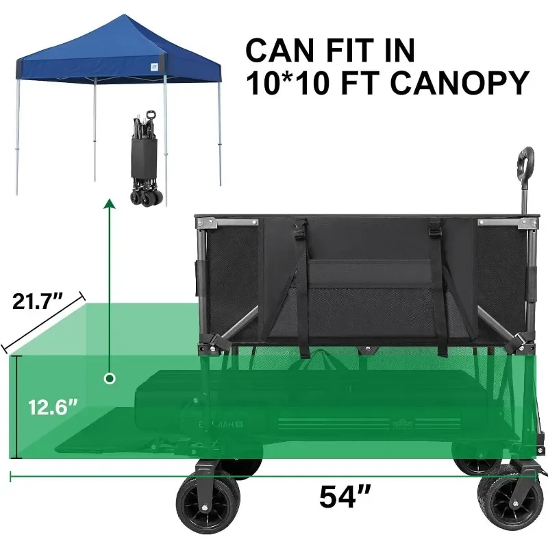 Double Decker Wagon 600lb Capacity&400L Collapsible Sports Wagon with Big Wheels 54" Extended Utility Folding Wagon Cart