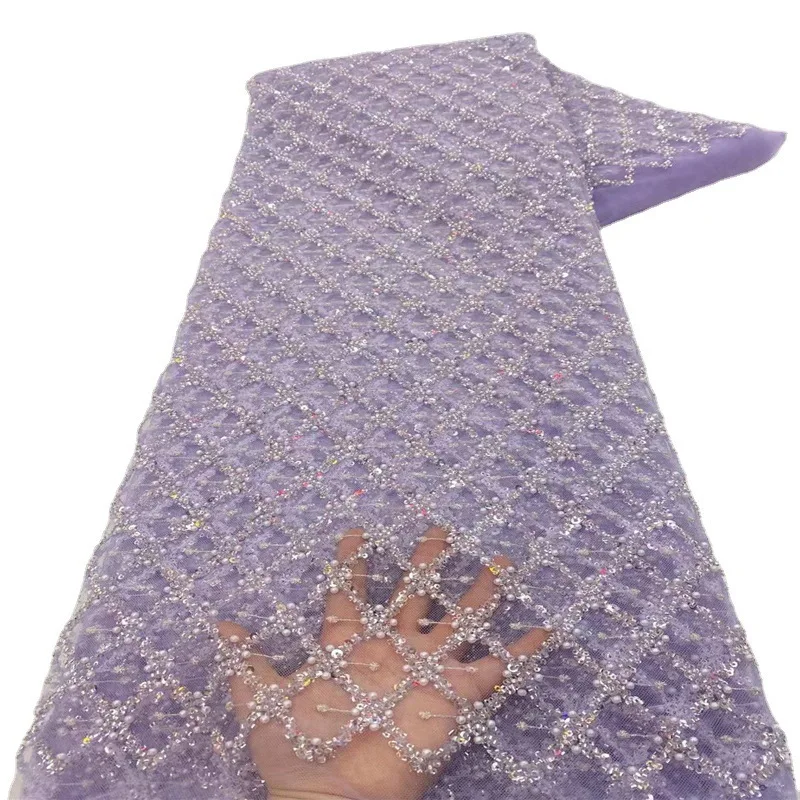 Tela de malla bordada de tubo con cuentas de flores de diamante, lentejuelas en polvo, Material de vestido de fiesta de noche, 7 colores