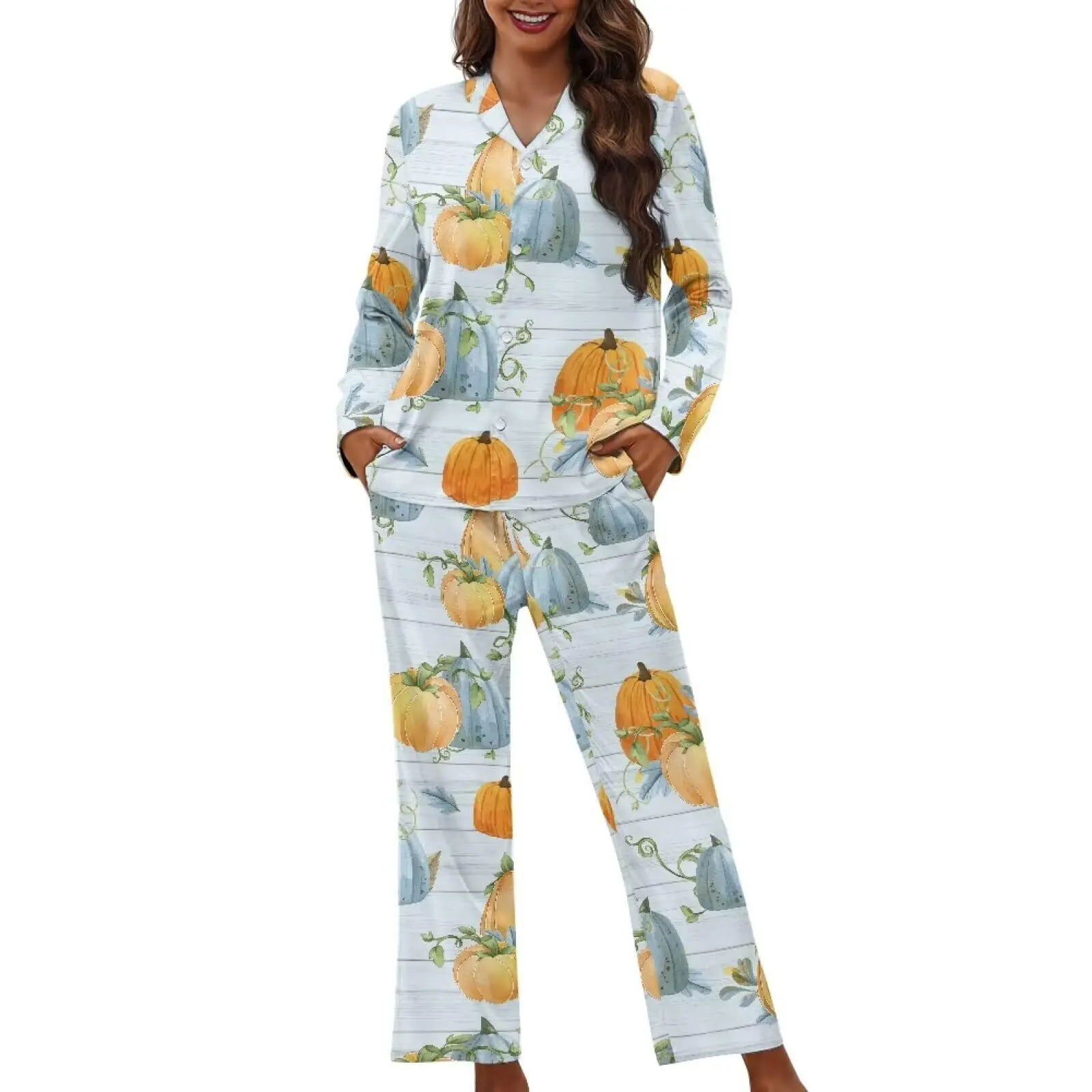 Factory Direct Sales Of Turkey+Pumpkin Patterned Pajamas, Loose Cuban Collar Shirt+Wide Leg Pants WholesaleMB23+ML8