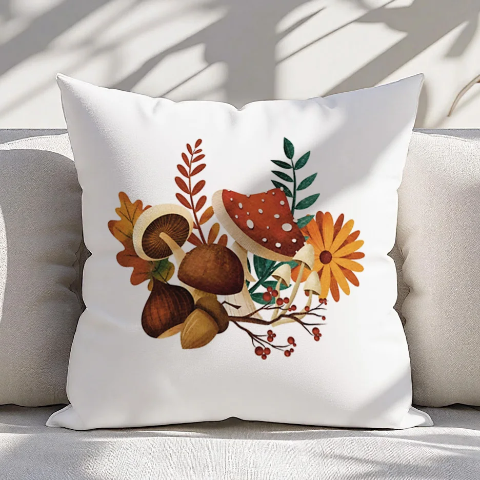 Vintage Autumn Harvest Throw Pillow Cover 16x16 18x18 20x20 Inch Mushroom Acorn Leaf Botanical Cushion Case Zipper Sofa Decor