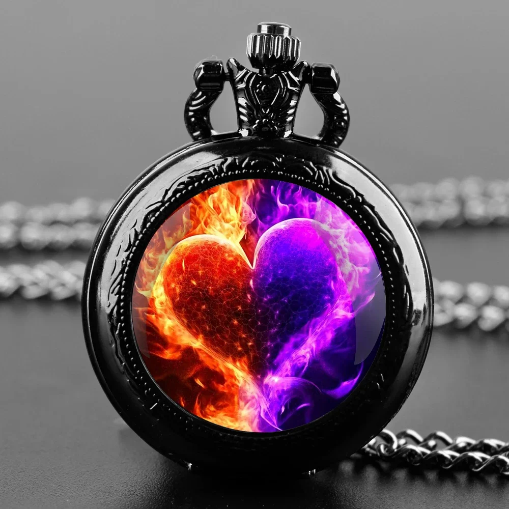 رائعة الأرجواني الأحمر الحب زجاج قبة كوارتز ساعة الجيب الأرقام العربية قلادة قلادة هدايا للنساء رجل مع سلسلة