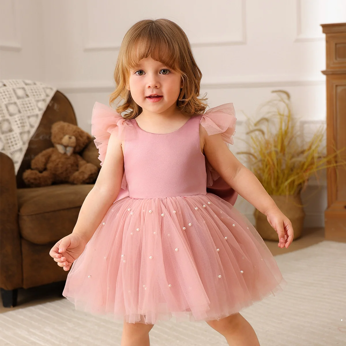 2026 new girls dress with flying sleeves, mesh princess dress, backless bow piano performance dress, birthday party dress