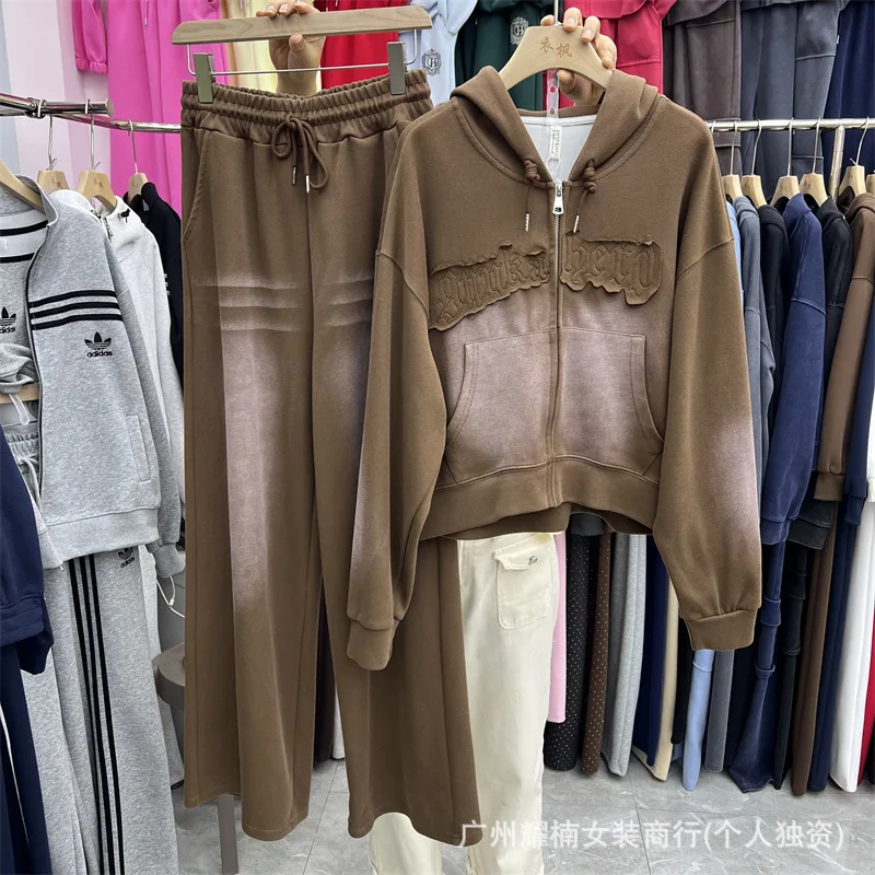 New Spring Autumn Women Two-piece Set Gradient Loose Long Sleeve Hooded Jacket Coat + Elastic Waist Casual Wide Leg Long  Pants