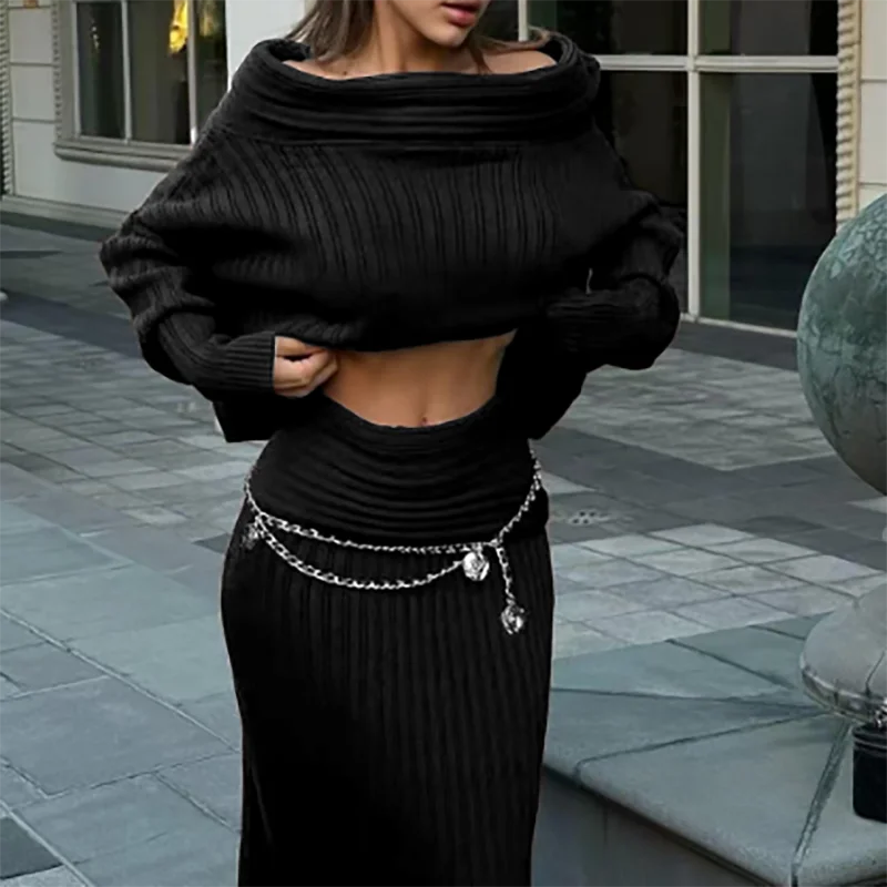 Casual Off Shoulder Sweater Top + Skirt 2 Piece Set Elegant Long Sleeved Slim Knitted Suit 2024 Autumn Winter Warm Women Outfit