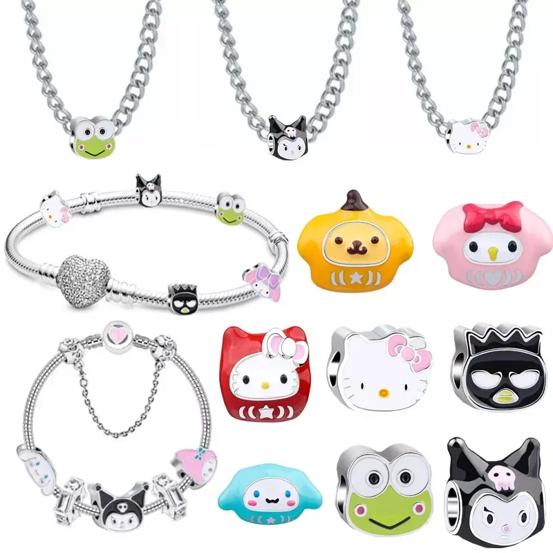 Anime Sanrio Bracelet Hello Kitty My Melody Kuromi Fashion Gold and Silver 925 Jewelry DIY Beaded Handwork Women Christmas Gifts