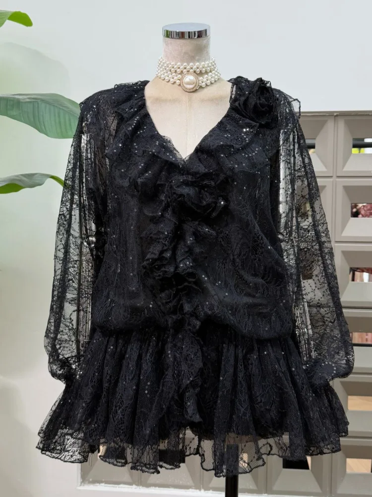 DFDG 025 فستان نسائي مصمم بأكمام طويلة من الدانتيل فستان شفاف مكشكش مرقع للربيع والصيف فستان أنيق عصري #4